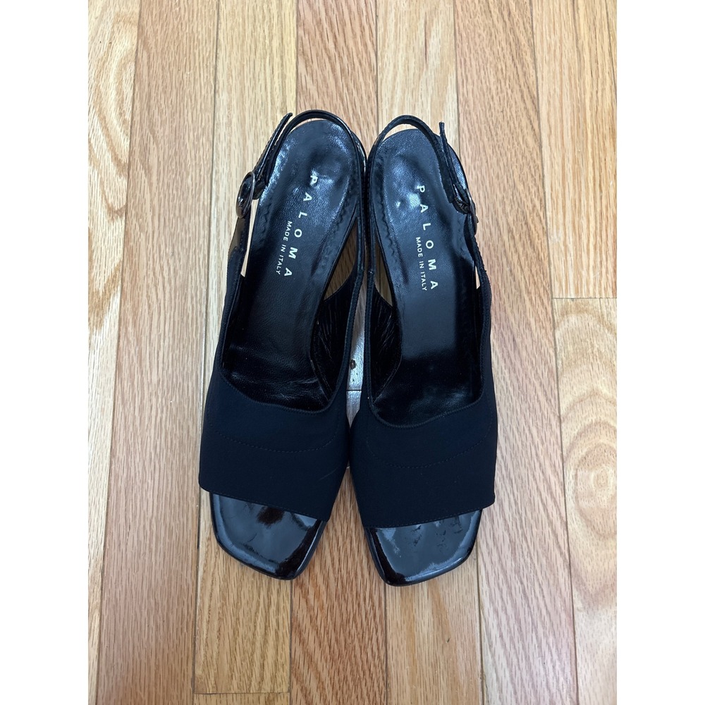 Paloma Black Patent Leather Fabric Square Toe Slingback Block Heels Italy 9.5M